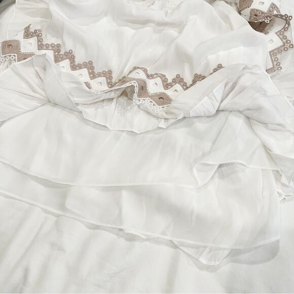 Ramy Brook White Tan Trim Mini Dress Eyelet Smocked Waist Vacation Large NWT - Picture 4 of 15